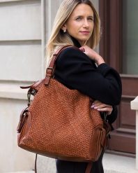Miejska torebka z regulowanymi rączkami shopper pleciona skóra handmade - MARCO MAZZINI brąz karmel. Shopper bag damskie bez wzorów, ze skóry, duże, bez dodatków. Za 659.00 zł.