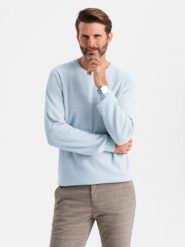 Melanżowy sweter męski ze strukturalnej dzianiny – błękitny V2 OM-SWSW-0142 - XXL. Niebieskie swetry męskie Ombre Clothing, l, bez wzorów, z bawełny, bez kołnierzyka. W wyprzedaży za 89.99 zł.