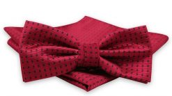 Czerwona Mucha Męska -ALTIES- z Taką Samą Poszetką, w Granatowe Kropki, Groszki. Czerwone krawaty i muchy męskie Alties, bez wzorów, eleganckie. Za 54.00 zł.
