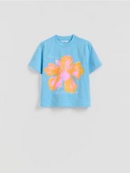 Bawełniany t-shirt z nadrukiem - jasnoniebieski. Niebieskie t-shirty damskie Reserved, l, bez wzorów, z bawełny, bez kołnierzyka. Za 49.99 zł.