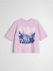 Bawełniana koszulka z nadrukiem Stitch - fioletowy. Fioletowe t-shirty damskie Sinsay, l, bez wzorów, z bawełny, bez kołnierzyka. Za 29.99 zł.