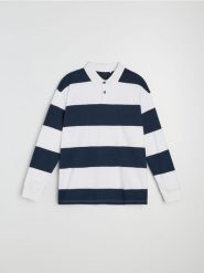 Bawełniana koszulka polo w paski - granatowy. Niebieskie koszulki polo męskie Sinsay, l, bez wzorów, z bawełny, bez ramiączek. Za 49.99 zł.