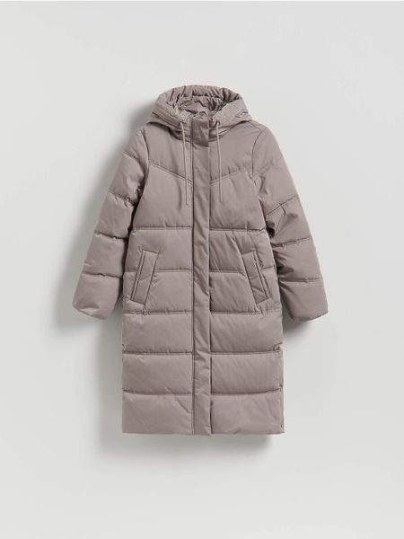 Długa kurtka z kapturem - beżowy. Brązowe kurtki damskie Reserved, l, bez wzorów, z tkaniny, z kapturem. Za 259.99 zł.
