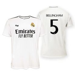 Koszulka domowa unisex Real Madryt 2024-25 Premium Replica - Bellingham 5. Białe bluzki damskie Real Madrid, s, bez wzorów, sportowe, bez kołnierzyka, bez ramiączek. Za 264.50 zł.
