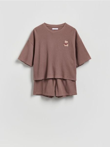 Waflowa piżama dwuczęściowa - brązowy. Brązowe piżamy damskie Reserved, l, bez wzorów, z bawełny, bez ramiączek. Za 99.99 zł.