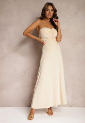 Beżowa Rozkloszowana Spódnica High Waist z Marszczeniem w Pasie Nolisea. Brązowe spódniczki damskie Renee, l, bez wzorów, z materiału, z podwyższonym stanem, maxi, rozkloszowane. Za 99.99 zł.