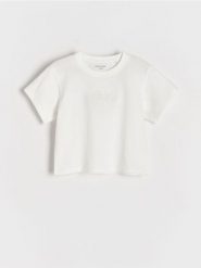 T-shirt z haftem - złamana biel. Koszulki dziewczęce Reserved, bez wzorów, z bawełny, bez ramiączek. W wyprzedaży za 9.99 zł.