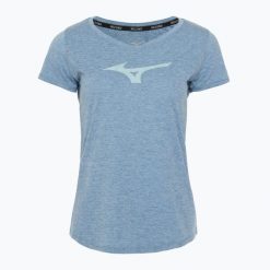 Koszulka do biegania damska Mizuno Core RB Tee. Niebieskie topy sportowe damskie Mizuno, s, bez wzorów, z materiału, bez ramiączek. Za 83.99 zł.