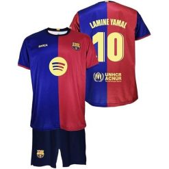 FC Barcelona komplet koszulka spodenki junior Home FCB 2024/25 Lamine Yamal. Czerwone szorty damskie FC Barcelona, z materiału, bez ramiączek, do piłki nożnej. Za 317.30 zł.
