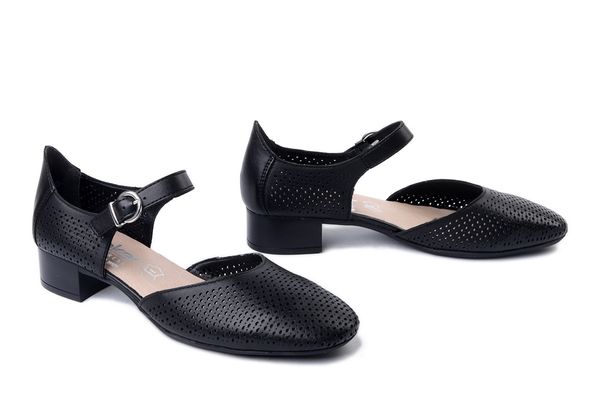 RIEKER 43460-00 black, czółenka damskie. Czarne czółenka damskie Rieker, bez wzorów, bez obcasa. Za 349.90 zł.