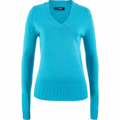 Sweter z dekoltem w serek bonprix turkusowy. Niebieskie swetry klasyczne damskie bonprix, bez kołnierzyka. Za 37.99 zł.
