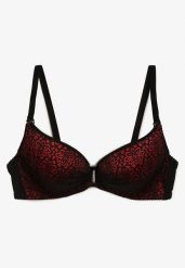 Czarno-Czerwony Biustonosz Full Cup Ozdobiony Koronką i Małą Zawieszką z Cyrkonii Nedolse. Czarne biustonosze Renee, z aplikacjami, z jeansu. Za 34.99 zł.