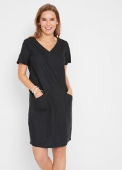 Sukienka z tkaniny z lnem, dł. do kolan. Fioletowe sukienki damskie bonprix, bez wzorów, z tkaniny, bez kołnierzyka, bez ramiączek, midi. Za 134.99 zł.