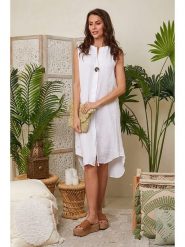 Lin Passion Lniana sukienka w kolorze białym rozmiar: 36/38. Białe sukienki damskie Lin Passion, bez wzorów, ze lnu, klasyczne, bez kołnierzyka, bez ramiączek, midi. Za 173.99 zł.