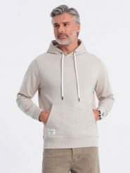 Męska bluza dresowa kangurka z kapturem - jasnobeżowa V1 OM-SSBN-0177 - XXL. Brązowe bluzy z kapturem męskie Ombre Clothing, l, z bawełny. Za 77.99 zł.