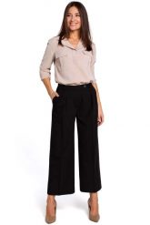 Czarne Eleganckie Spodnie Kuloty w Kant. Czarne spodnie materiałowe damskie MOE, bez wzorów, z elastanu, eleganckie. Za 223.90 zł.