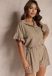 Beżowy Komplet Krótkie Spodenki i Wiązana Koszula Fredefia. Brązowe koszule damskie Renee, bez wzorów, eleganckie. Za 129.99 zł.