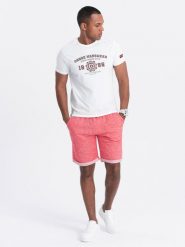 Spodenki męskie z tkaniny melanżowej LOOSE FIT - jasnoczerwone V7 OM-SRSK-0116 - XXL. Czerwone szorty męskie Ombre Clothing, z bawełny, bez kołnierzyka. W wyprzedaży za 39.99 zł.