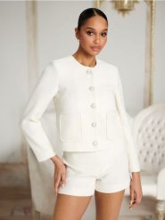 Marynarka - kremowy. Białe marynarki i żakiety damskie Sinsay, l, bez wzorów, casualowe. Za 69.99 zł.