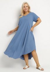 Niebieska Rozkloszowana Sukienka z Bawełną Elzedia. Niebieskie sukienki damskie Born2be, na co dzień, xl, bez wzorów, z bawełny, eleganckie, bez kołnierzyka, bez ramiączek, midi, rozkloszowane. W wyprzedaży za 71.99 zł.