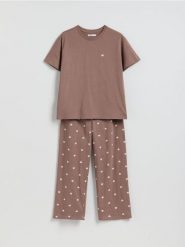 Dwuczęściowa piżama w serca - brązowy. Brązowe piżamy damskie Reserved, l, bez wzorów, z bawełny, bez ramiączek. Za 79.99 zł.