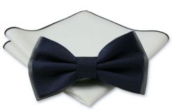 Stylowa mucha z poszetką - Chattier, Męska - Granat z Akcentem Popielatym. Niebieskie krawaty i muchy męskie Chattier, bez wzorów, eleganckie. Za 59.00 zł.