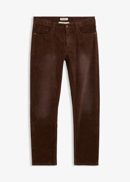 Spodnie sztruksowe ze stretchem regular fit, prosta nogawka, z efektem wytarcia. Niebieskie spodnie materiałowe męskie bonprix, bez wzorów, ze sztruksu, vintage. Za 149.99 zł.