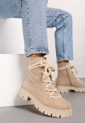 Beżowe Botki Workery z Ozdobnymi Sznurówkami Einnavia. Brązowe botki damskie Renee, z jeansu, eleganckie, bez obcasa, na obcasie, bez zapięcia. Za 144.99 zł.