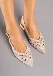Beżowe Sandały Slingback z Szydełkową Cholewką z Metalicznymi Przeszyciami Frolette. Brązowe sandały damskie Renee, bez wzorów, z jeansu, bez obcasa, na płaskiej podeszwie. Za 74.99 zł.