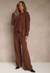 Brązowy Komplet z Dzianiny z Wiskozą Spodnie Wide Leg i Sweter ze Zdobieniami Miomea. Brązowe spodnie materiałowe damskie Renee, z aplikacjami, z dzianiny, eleganckie. Za 209.99 zł.