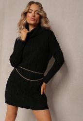 Czarna Mini Sukienka ze Sweterkowej Dzianiny z Szerokim Golfem i Ściągaczami Jilenma. Czarne sukienki damskie Renee, na jesień, m, bez wzorów, z dzianiny, bez kołnierzyka, bez ramiączek, mini. W wyprzedaży za 83.99 zł.