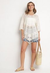 Jasnobeżowa Bawełniana Bluzka Oversize w Stylu Boho z Haftem i Koroną Maivienne. Brązowe bluzki damskie Born2be, bez wzorów, z bawełny, boho, bez kołnierzyka, bez ramiączek. Za 69.99 zł.