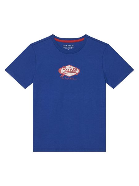 Guess T-Shirt L6RI02 K8HM4 Niebieski Regular Fit. Niebieskie t-shirty chłopięce Guess, z aplikacjami, z bawełny, bez ramiączek. Za 99.99 zł.
