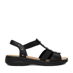 Sandały Rieker. Czarne sandały damskie Rieker, bez wzorów, bez obcasa, na płaskiej podeszwie. Za 319.99 zł.