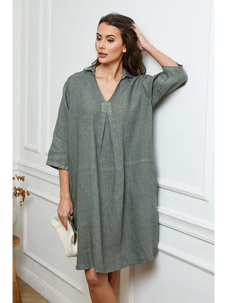 Fleur de Lin Lniana sukienka w kolorze khaki rozmiar: XL. Brązowe sukienki damskie Fleur de Lin, na co dzień, xl, bez wzorów, ze lnu, bez kołnierzyka, bez ramiączek, midi, proste. Za 140.86 zł.