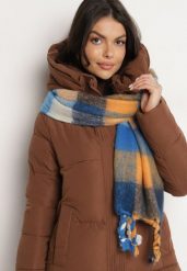 Niebiesko-Granatowy Szalik w Kratę z Ozdobną Plecionką Eveltinae. Niebieskie szaliki i kominy damskie Born2be, bez wzorów, z jeansu. Za 39.99 zł.