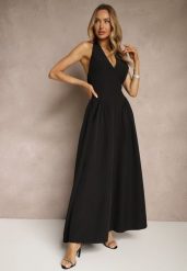 Czarna Rozkloszowana Sukienka Halter z Wiązaniem i Odkrytymi Plecami Senicce. Czarne sukienki damskie Renee, na imprezę, m, bez wzorów, eleganckie, bez kołnierzyka, bez ramiączek, maxi, rozkloszowane. W wyprzedaży za 104.99 zł.