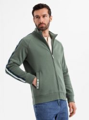 Męska bluza dresowa z wysokim kołnierzem i lampasami – oliwkowa V2 OM-SSZP-0219 - XXL. Zielone bluzy bez kaptura męskie Ombre Clothing, l, z bawełny. Za 143.99 zł.