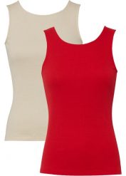Top w prążek (2 szt.), bawełna organiczna. Czarne topy damskie bonprix, bez wzorów, z bawełny, bez kołnierzyka. Za 59.99 zł.