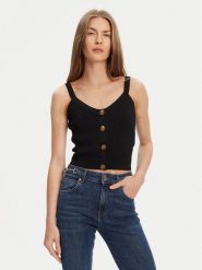 Guess Top W5YR10 Z0130 Czarny Regular Fit. Czarne topy damskie Guess, xs, z aplikacjami, z syntetyku, bez kołnierzyka. Za 209.99 zł.