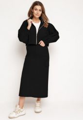 Czarny Komplet Casualowy Bluza z Suwakiem i Stójką oraz Spódnica z Kieszeniami Hettora. Czarne bluzy bez kaptura damskie Born2be, l. Za 149.99 zł.