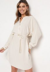 Beżowa Sukienka z Wiązaniem w Talii z Koszulową Górą Leandia. Brązowe sukienki damskie Born2be, na spotkanie biznesowe, l, bez wzorów, eleganckie, bez kołnierzyka, bez ramiączek, mini, koszulowe. W wyprzedaży za 95.99 zł.