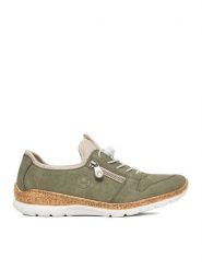 Rieker Półbuty N42G0-52 Zielony. Zielone półbuty damskie Rieker, bez wzorów, z materiału, bez obcasa, na płaskiej podeszwie. Za 349.99 zł.