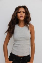 Top na ramiączkach w kolorze light GREY melange z prążkowanej dzianiny - ISLA-XL. Szare topy damskie Marsala, s, bez wzorów, z bawełny, bez kołnierzyka. Za 119.90 zł.