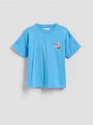Bawełniany t-shirt z aplikacją - niebieski. Niebieskie koszulki dziewczęce Reserved, z aplikacjami, z bawełny, bez ramiączek. Za 39.99 zł.
