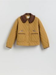 Kurtka z haftowanym wzorem - bursztynowy. Pomarańczowe kurtki damskie Reserved, l, bez wzorów, z bawełny, bez kaptura. Za 259.99 zł.