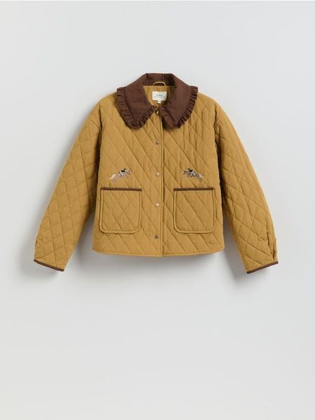 Kurtka z haftowanym wzorem - bursztynowy. Pomarańczowe kurtki damskie Reserved, l, bez wzorów, z bawełny, bez kaptura. Za 259.99 zł.