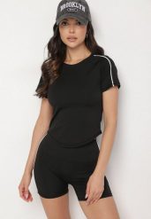 Czarny Komplet Sportowy T-shirt i Szorty z Ozdobnym Lampasem Zorettia. Czarne spodenki sportowe damskie Born2be, bez wzorów, z jeansu, eleganckie. Za 74.99 zł.