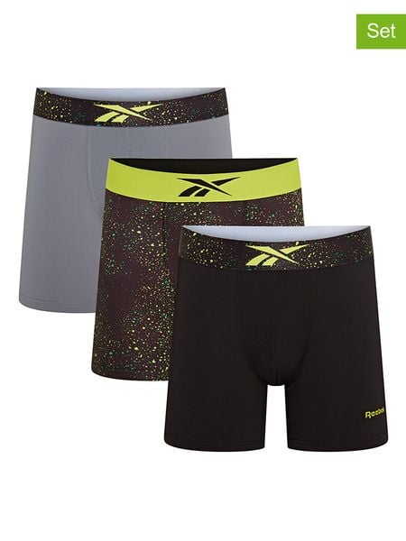 Reebok Bokserki (3 pary) "Benji" w kolorze czarno-szaro-limonkowym rozmiar: L. Czarne bokserki męskie Reebok, bez wzorów. Za 56.99 zł.