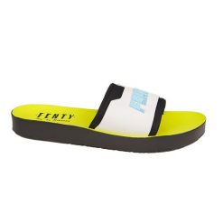 Fenty x Puma klapki, biało-neonowo-zielone, płaska podeszwa, bez zapięcia. Białe klapki damskie 187, z materiału. Za 338.99 zł.